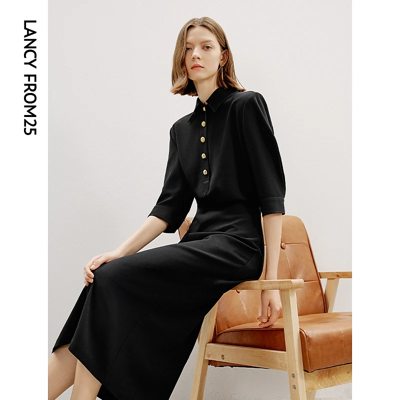 朗姿显瘦连衣裙复古通勤新款气质小黑裙小众设计感别致衬衫连衣裙