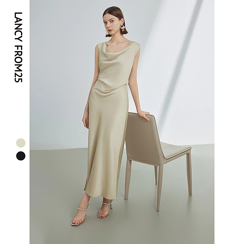 朗姿醋酸法式荡领设计感收腰气质长裙夏高级感女装连衣裙欧若风