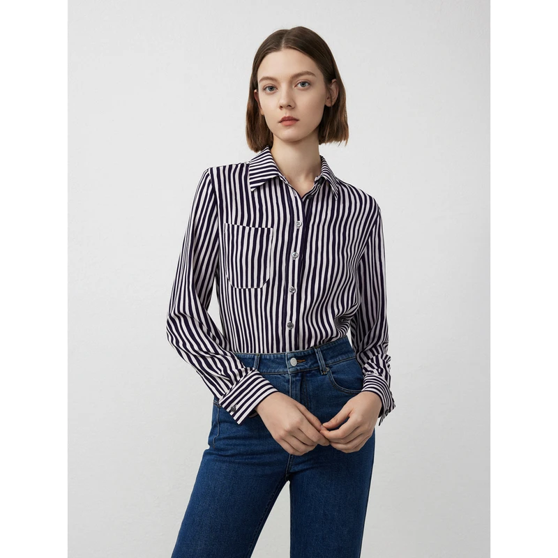 朗姿法式长袖条纹上衣衬衣女2024年春季新款通勤高级感设计感衬衫