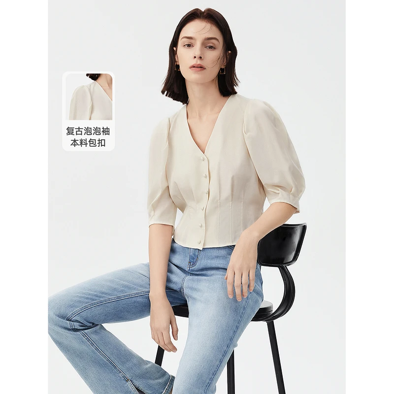 【丽公主专享】朗姿天丝亚麻复古泡泡袖设计感小众显瘦衬衫8WBL284