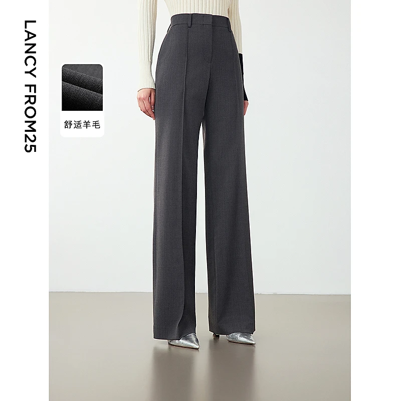 朗姿时尚法式职业气质灰色直筒阔腿长裤复古显瘦西装裤2024冬新款