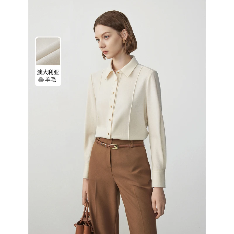 朗姿纯羊毛通勤休闲ol内搭衬衫长袖冬季气质衬衣上衣高级女欧若风