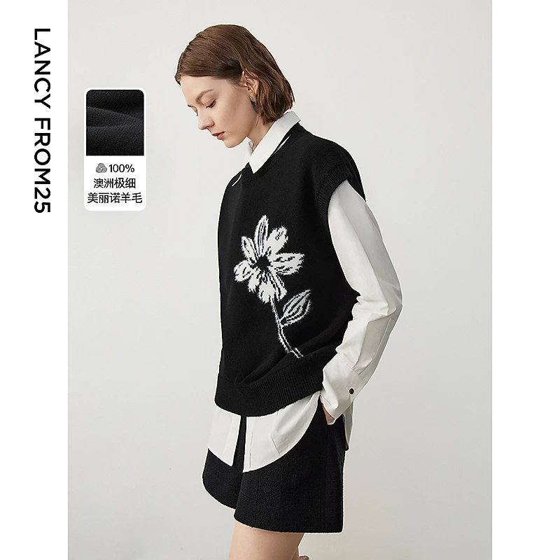 朗姿黑色马甲外套冬季新款通勤休闲设计感外搭女士马夹上衣高级感