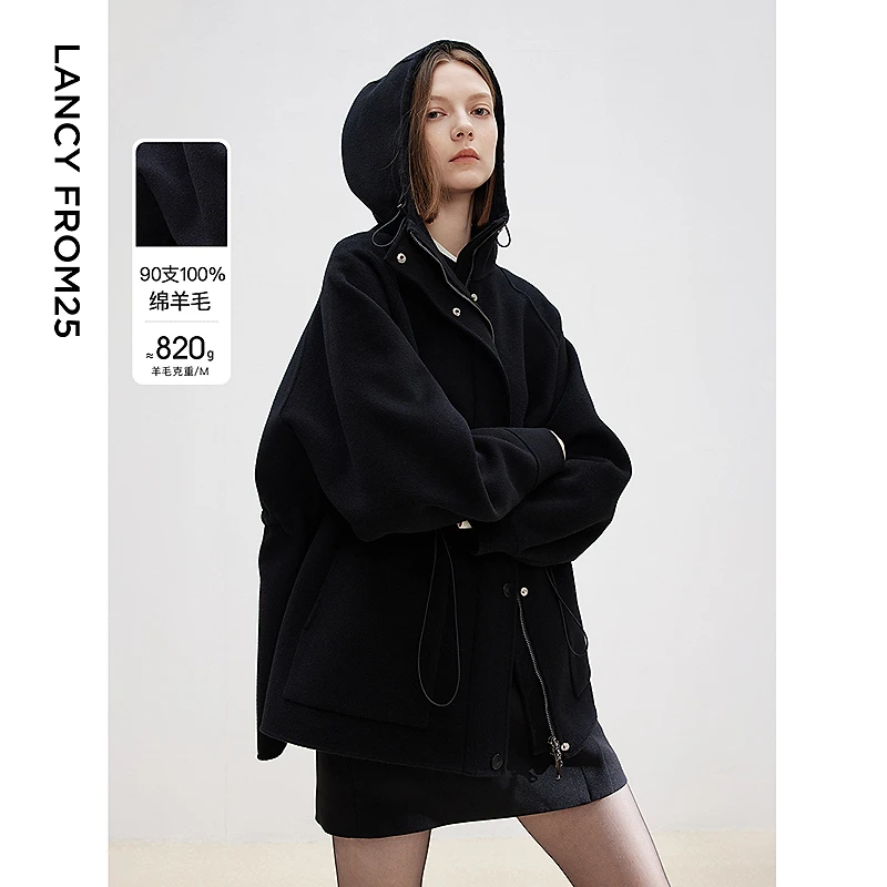 【冬姐精选】朗姿短款黑色高级感连帽大衣秋冬24年冬女新款毛呢外套