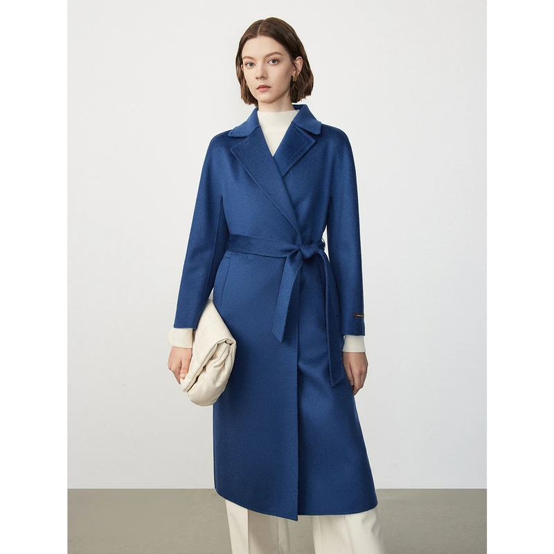 朗姿纯羊毛双面呢中长款修身法式水波纹秋冬毛呢外套女高级欧若风