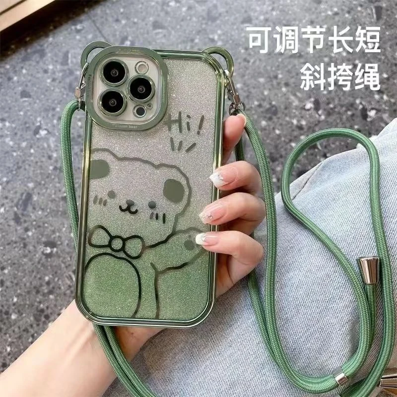 闪粉简约小熊适用iPhone14promax手机壳斜挎绳12新款13防摔11软XR