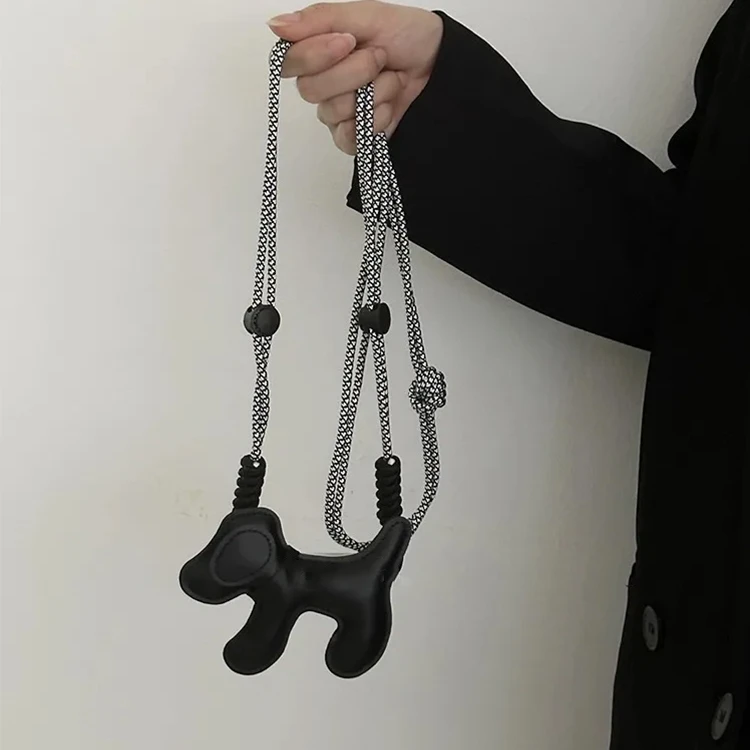 手机背夹斜挎挂绳ins韩风卡通黑色大耳朵狗狗可爱少女手机夹通用