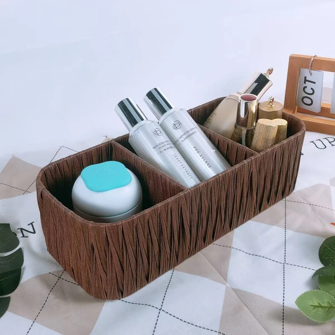 桌面收纳整理盒手工编织收纳化妆品钥匙面膜多格杂物玩具收纳盒