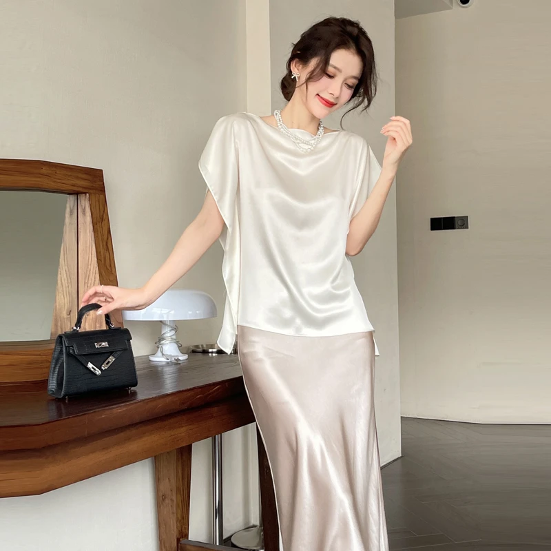 超级有设计感的小衫2024夏季新款醋酸缎面凉爽荷叶边直筒百搭衬衫