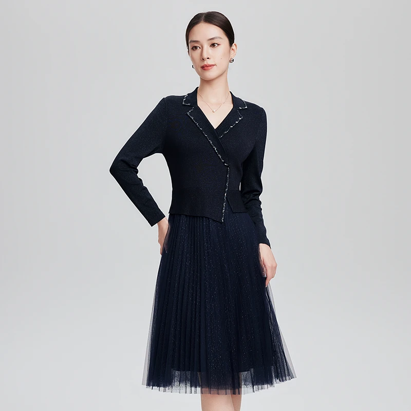 赢智尚2024秋新款藏蓝色显瘦中长款针织网纱连衣裙职场ZF03067