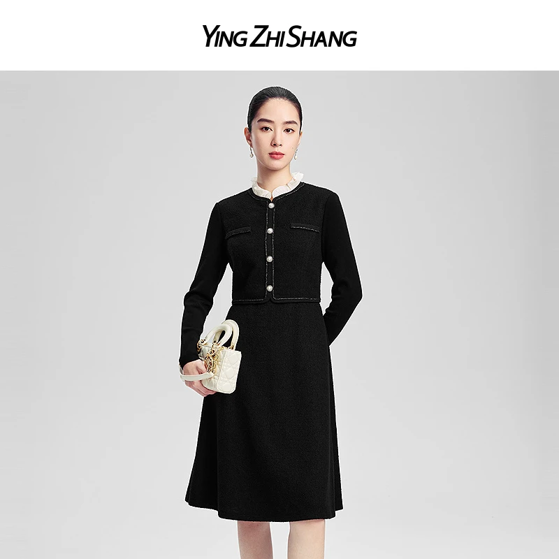 赢智尚小香风连衣裙2024冬季新款羊毛混纺收腰显瘦气质假两件裙子