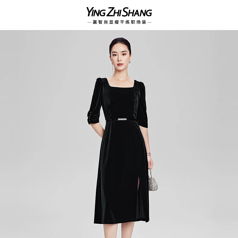 赢智尚丝绒连衣裙2025早春新款收腰显瘦气质小黑裙女高级感礼服裙