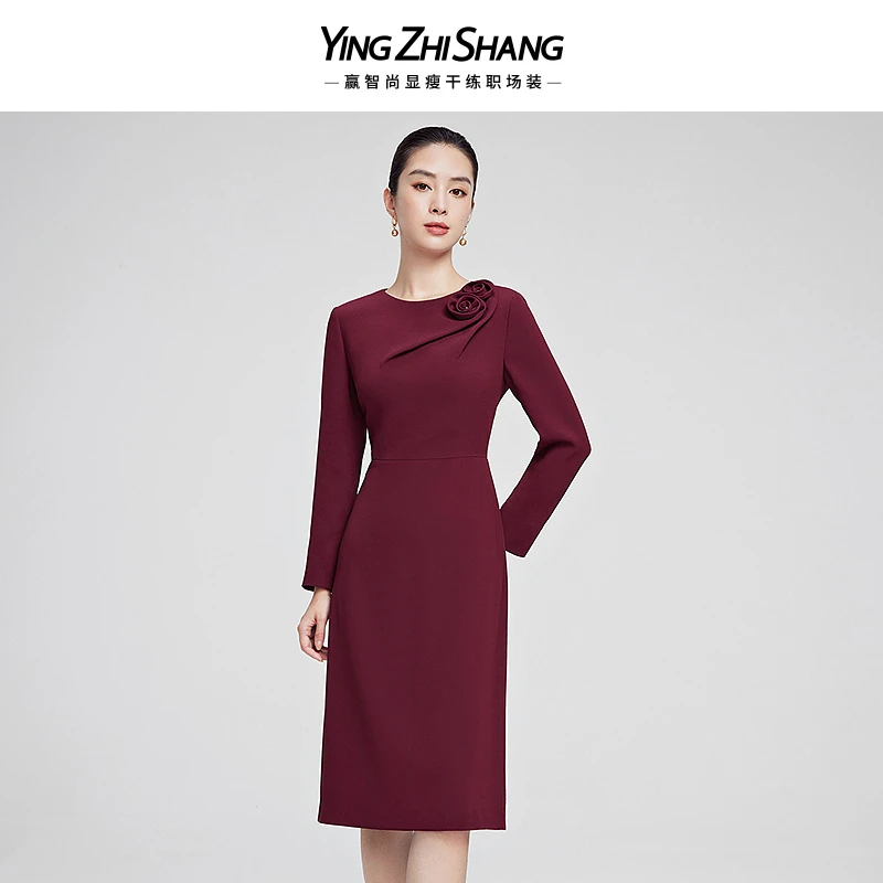 赢智尚三醋酸连衣裙2025早春新款立体花显瘦复古红裙子女ZF03107