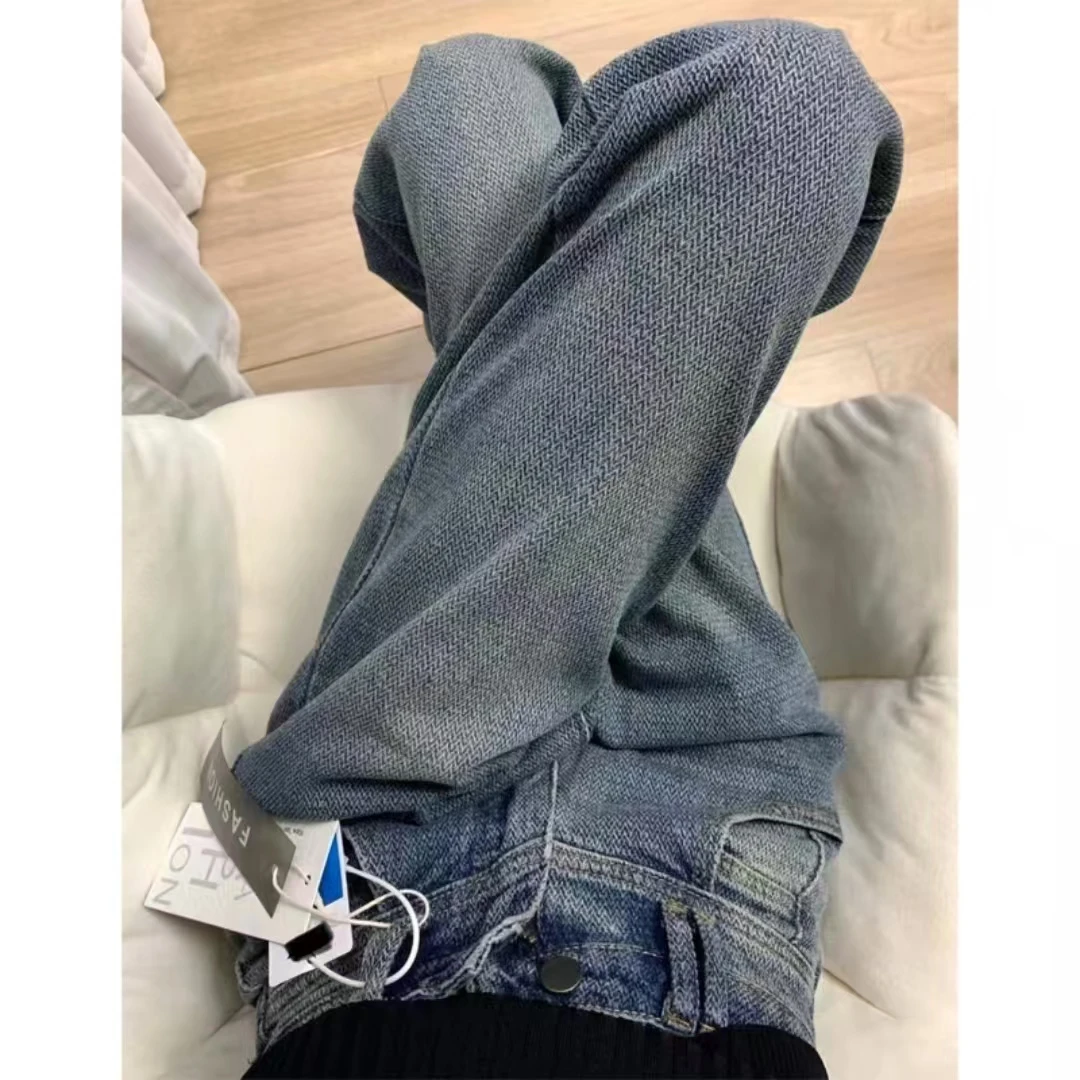 2025-春季水洗高腰牛仔裤麦穗纹垂感裤子直筒牛仔裤大码阔腿裤