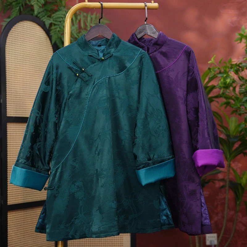 240680素女馆冬季中长款棉衣素色盘扣斜襟加厚棉服