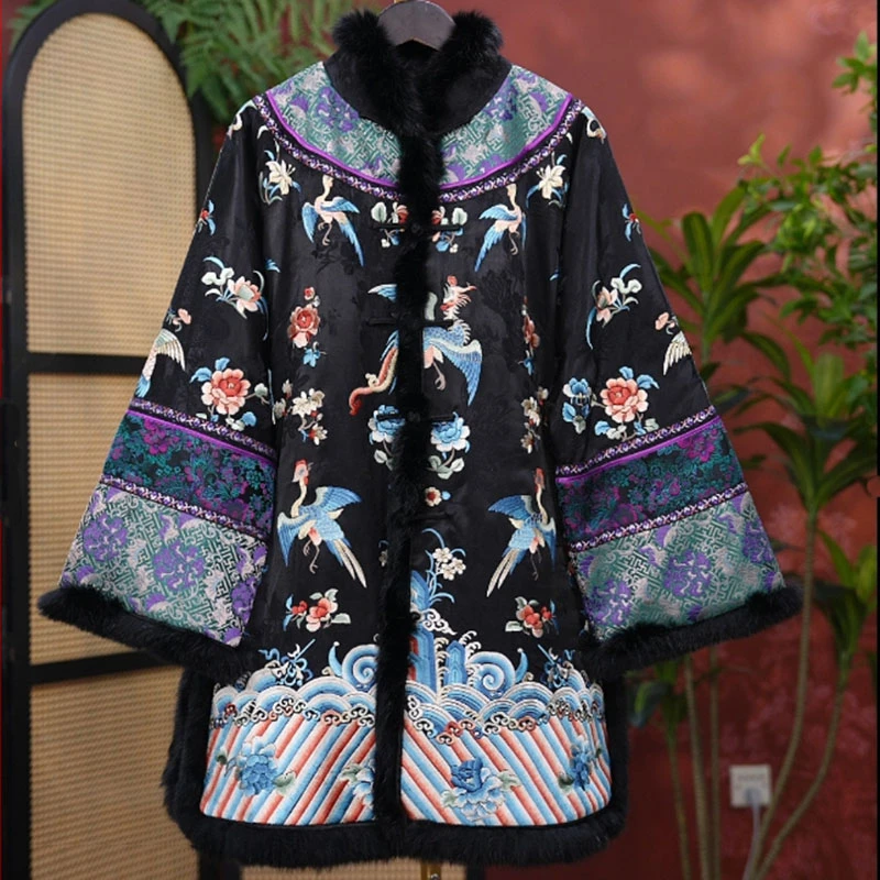 245940素女馆新款中长款重工刺绣对襟棉服