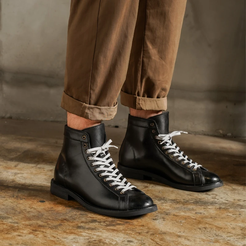 美式复古风短脸靴手工真皮男靴拳击靴中帮黑色百搭男士工装马丁靴