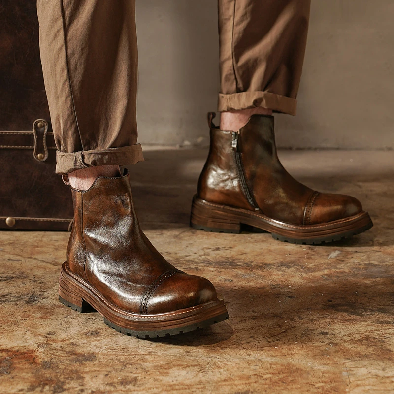 男士痞帅马丁靴复古高帮侧拉链真皮男靴英伦风增高厚底机车工装靴