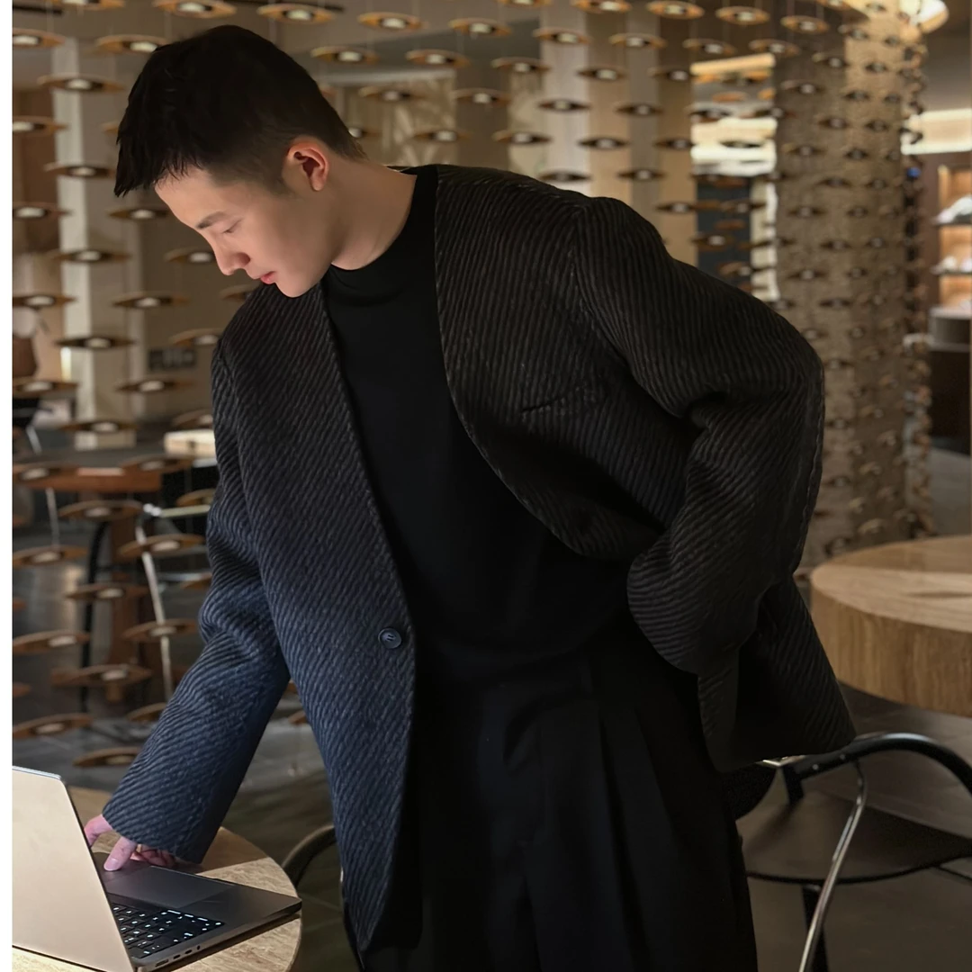 【City系列.萨格】双面羊毛呢曼哈顿灰简约无领单扣短款双面羊毛呢2