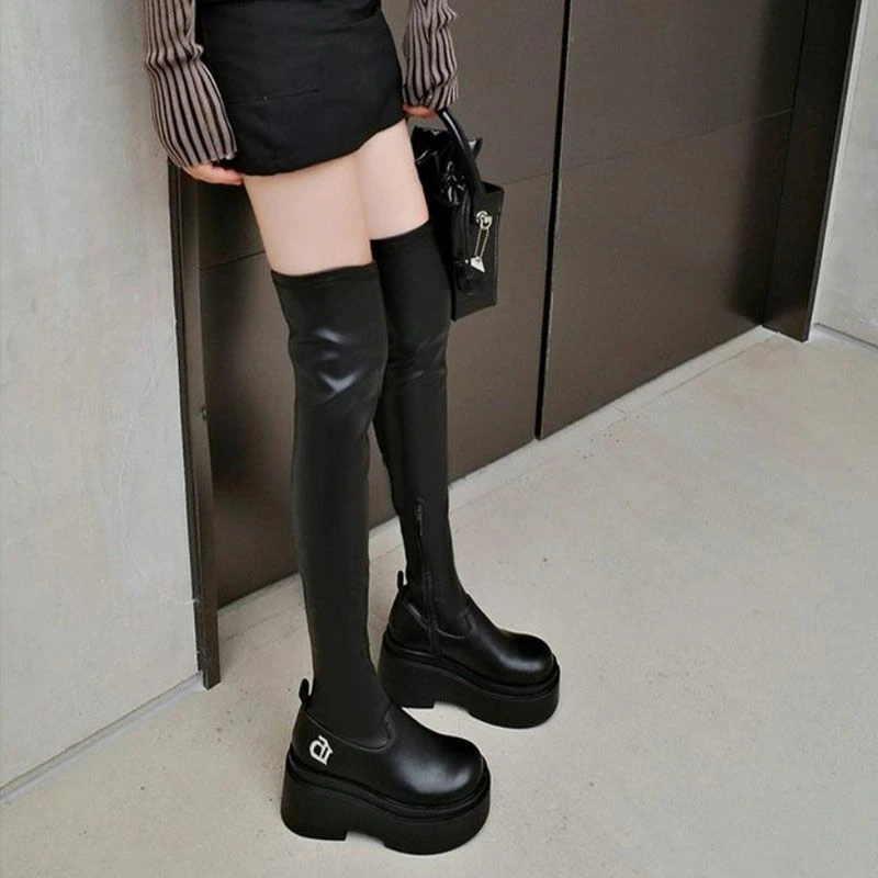 2023潮秋冬款秋美儿增高过膝长靴女弹力显瘦厚底长筒靴甜酷大筒围
