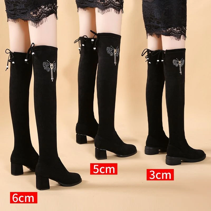 2025秋冬款长筒女冬加绒新款高跟大码过膝小个子不掉筒显瘦弹力靴