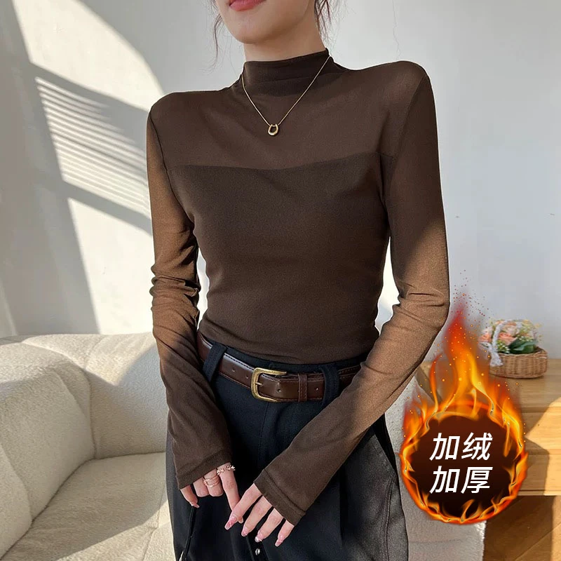 【加绒/网纱打底衫】女秋冬新显瘦气质长袖T恤 内搭半高领上衣cyj