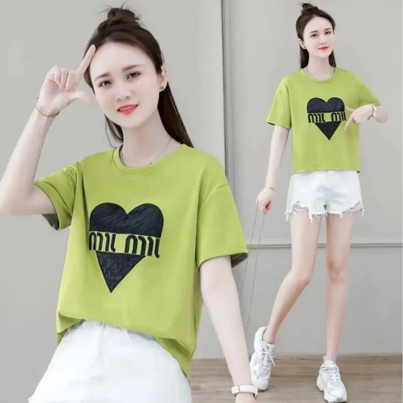 设计感T恤夏季新款时尚圆领爱心印花短袖女百搭洋气休闲显瘦上衣