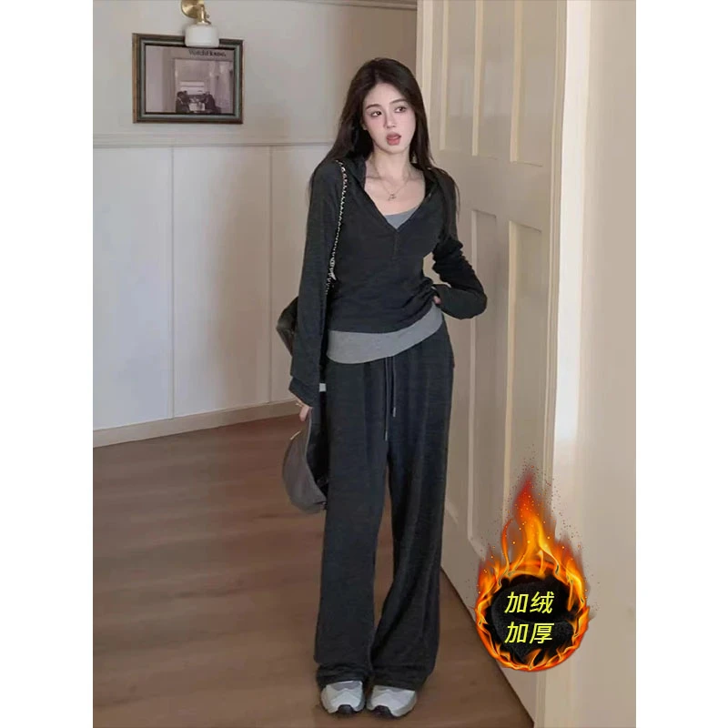 【运费补贴】加绒加绒糯米套装女冬休闲长袖显瘦连帽运动两件套ZLM