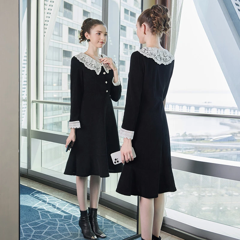 奢姿2025年春季新款大码女装气质蕾丝荷叶领连衣裙胖妹妹时尚裙子