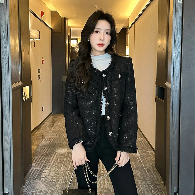 奢姿2025年秋季新款大码女装圆领拼接上衣胖妹妹优雅小香风外套