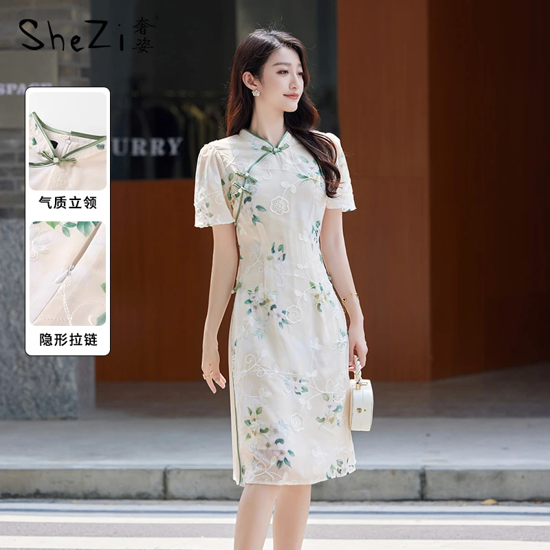 奢姿2025年夏季新款大码女装减龄印花旗袍裙子胖妹妹时尚连衣裙