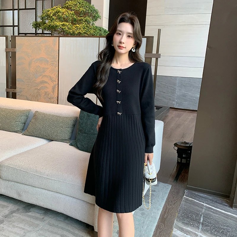 奢姿2025年冬季新款大码女装内搭针织裙子胖妹妹蝴蝶结减龄连衣裙