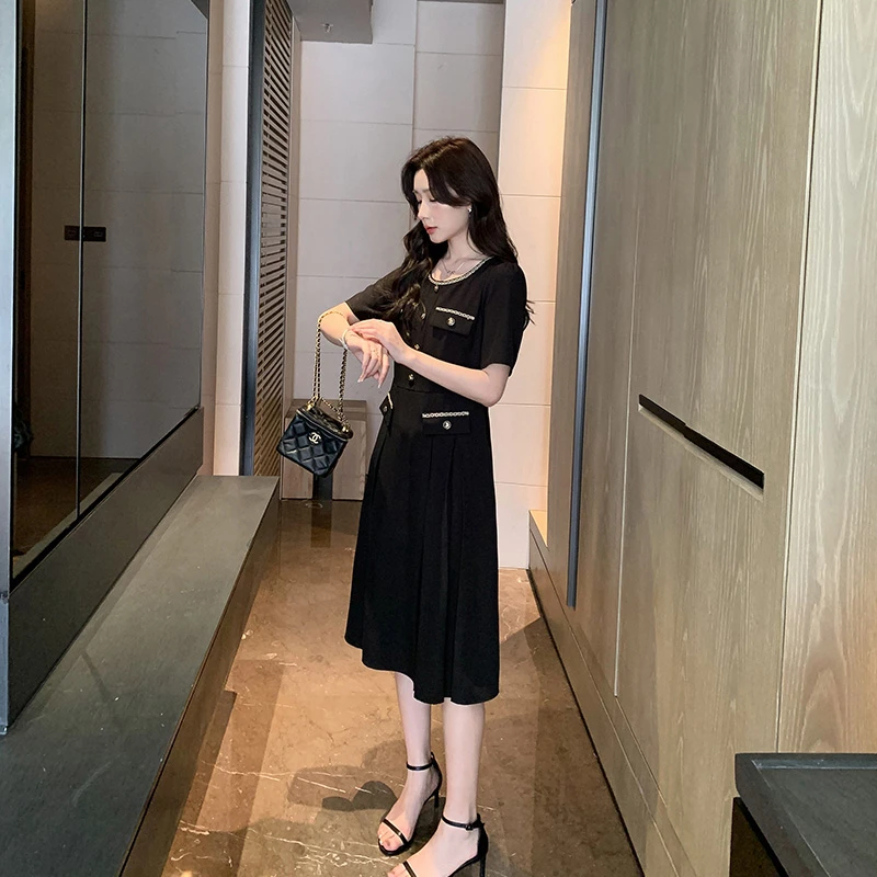 [奢姿轻奢系列]撞色织带圆领裙子夏大码女装胖妹妹法式气质连衣裙
