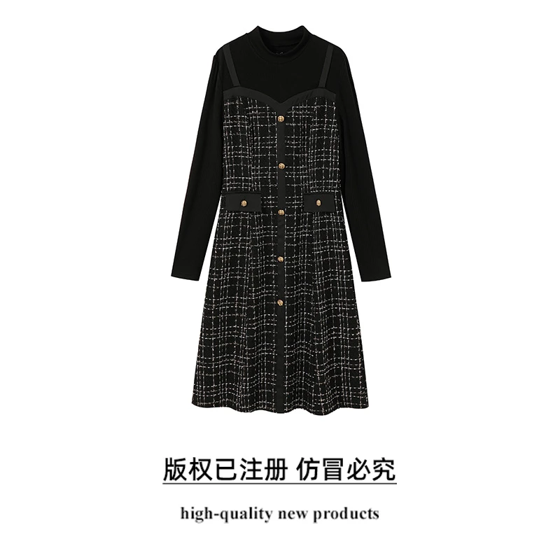 奢姿2025年秋季新款大码女装假两件立领裙子胖妹妹拼接气质连衣裙