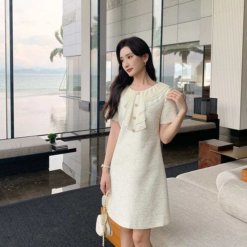 [奢姿轻奢系列]荷叶边圆领连衣裙大码女装夏季新款胖妹妹气质裙子