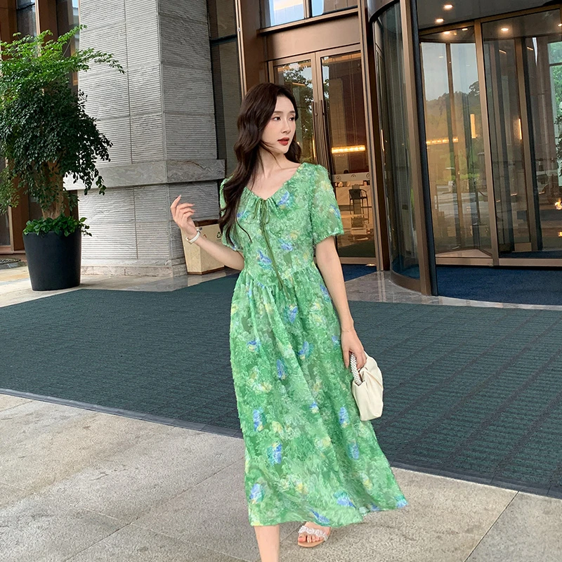 奢姿2024年夏季大码女装减龄印花裙子胖妹妹蝴蝶结绑带时尚连衣裙