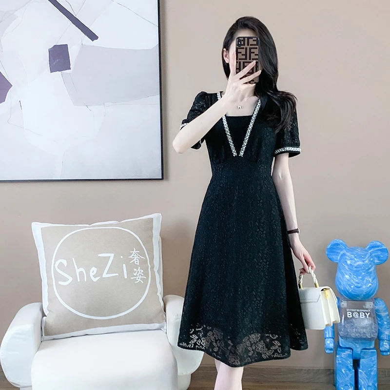 奢姿【相思】大码名媛气质重工蕾丝珍珠镶嵌显瘦连衣裙9932852722