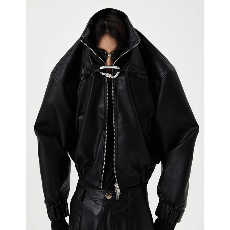 FLYERRER 原创设计双开拉链胸前错扣黑色皮衣外套男潮机车夹克