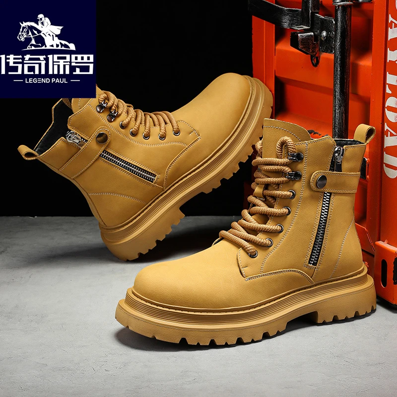 传奇保罗2024秋冬新款男士黄色高帮马丁男鞋复古大黄靴休闲马丁靴