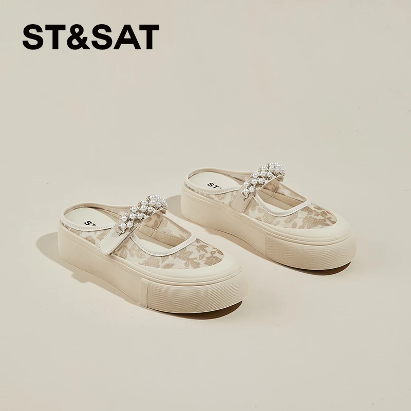 星期六珍珠包头半拖鞋女鞋2025新款夏季透气帆布鞋一脚蹬休闲板鞋