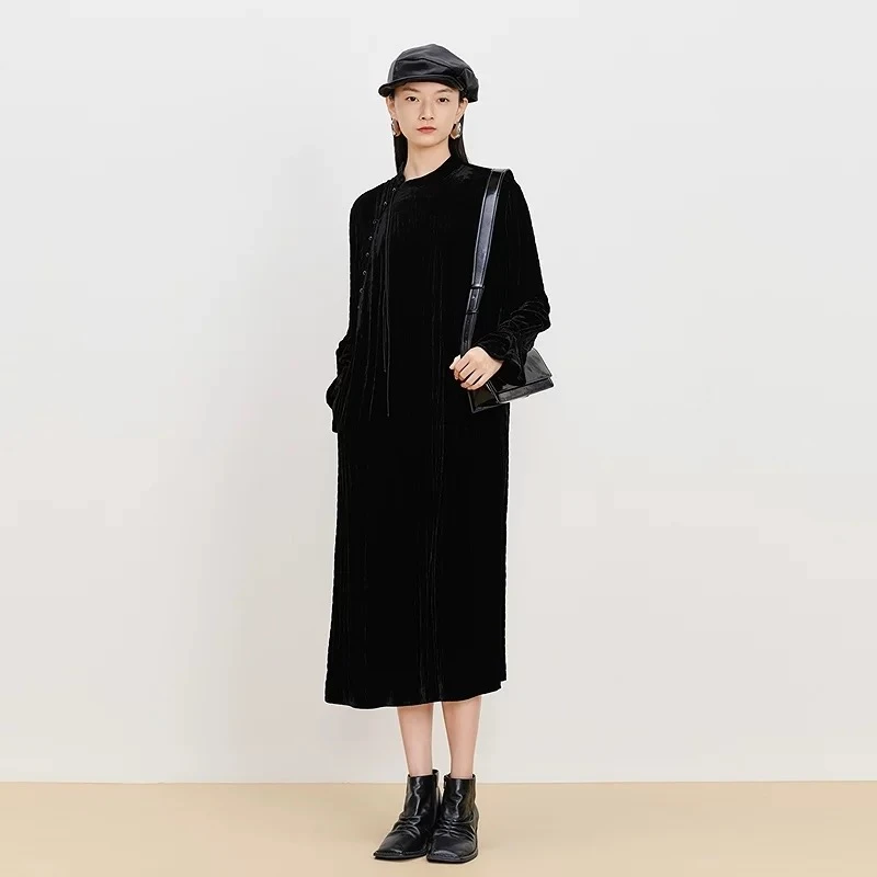 弦婵丝专柜正品秋冬新款丝绒连衣裙黑色复古宽松中式中国风