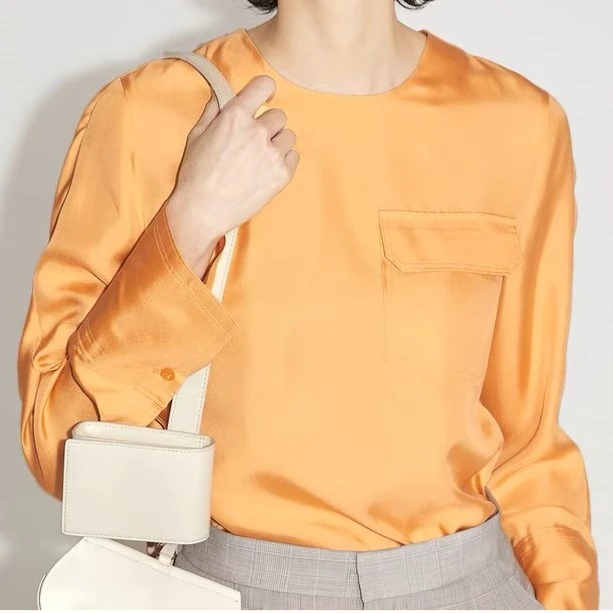 弦婵丝专柜同款爱马仕橙时尚宽松中长款套头圆领休闲长袖丝绸衬衣