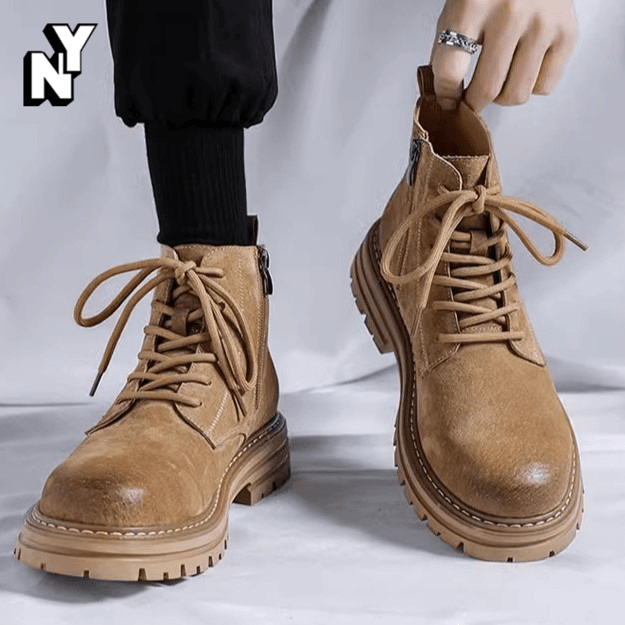 NY马丁靴男真皮春秋季高帮大黄靴拉链休闲工装靴中帮百搭潮流靴子