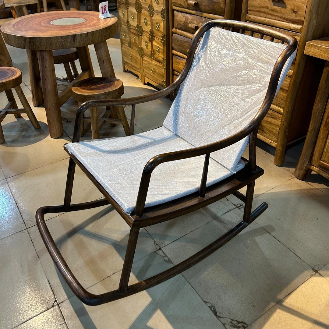 全实木榆木单人摇摇椅胡桃色舒适榫卯结构新中式躺椅阳台简约