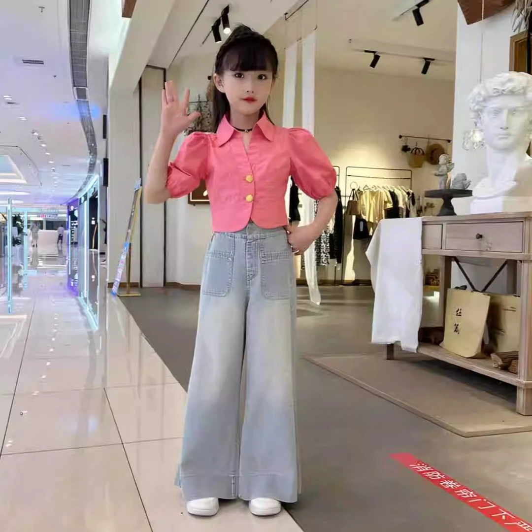 女童洋气夏装2024新款泡泡袖衬衫短袖牛仔阔腿裤甜美两件套时髦潮