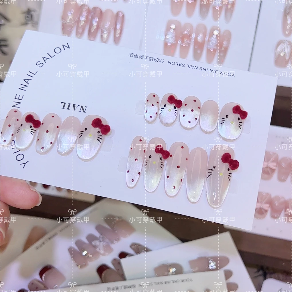 【丝绒KT喵】纯手工猫眼手绘丝绒蝴蝶结Kitty美甲穿戴甲