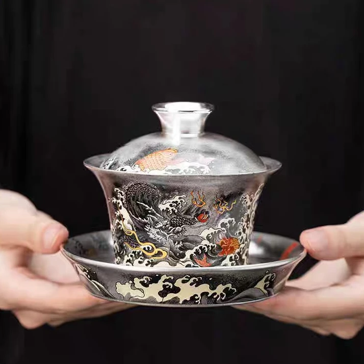 黑龙满鎏盖碗  礼盒Y15