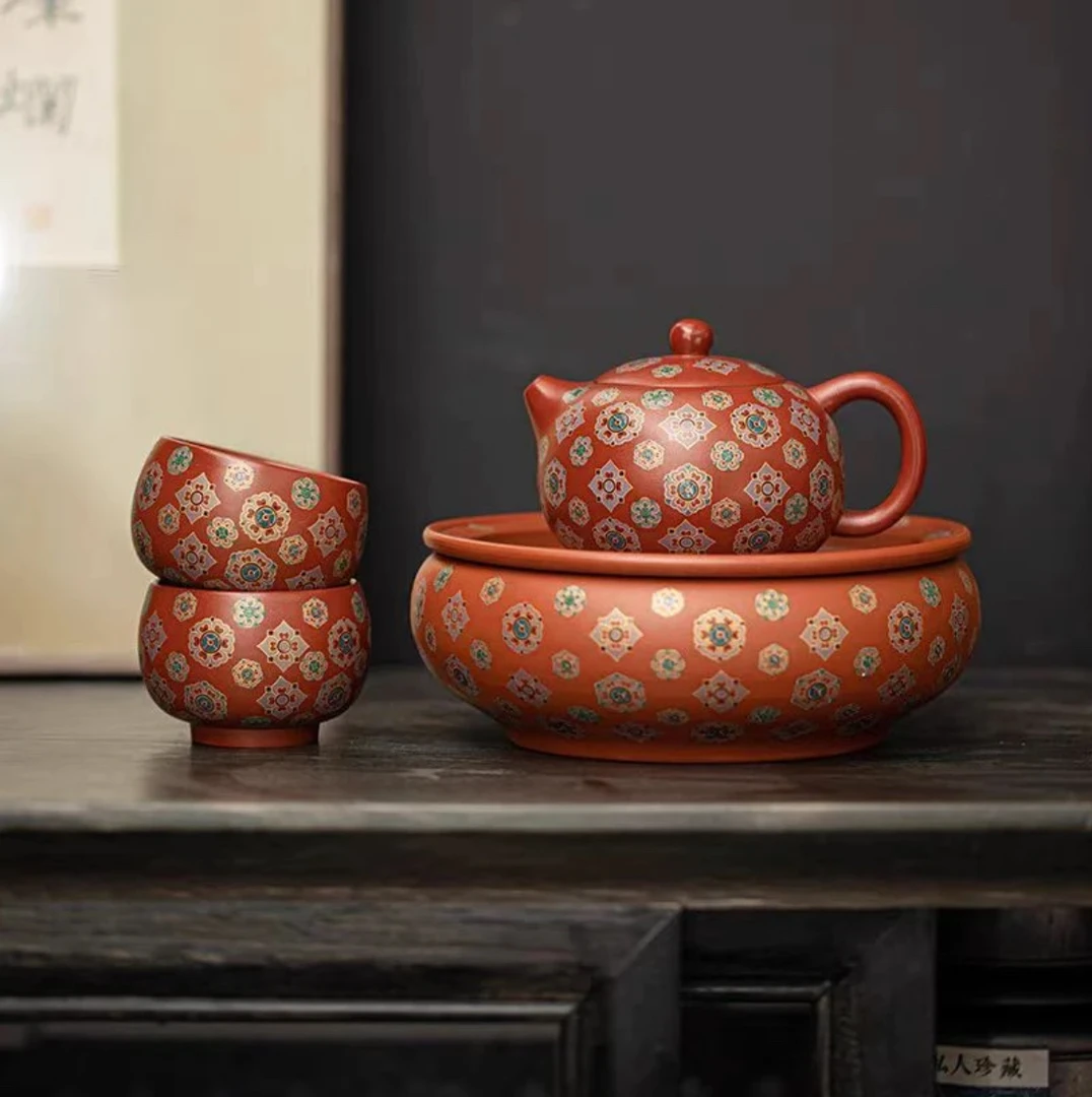 宝相花紫砂朱泥西施壶茶壶一壶二杯套组 T31