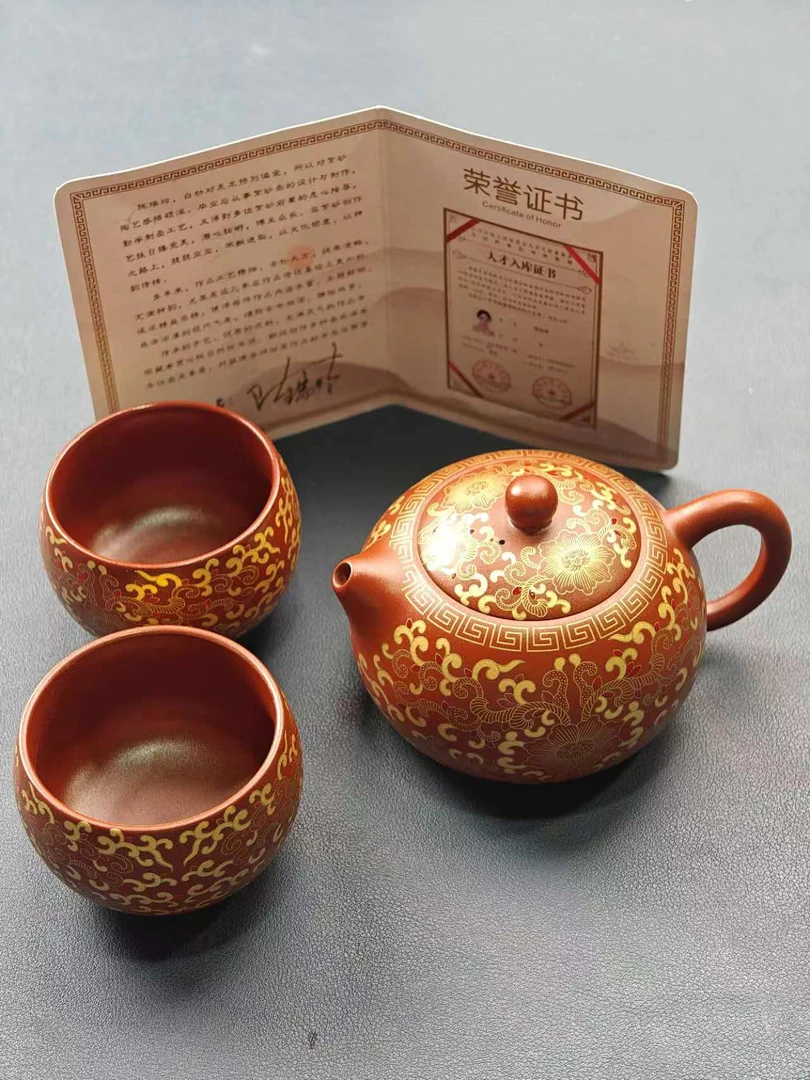 祥云紫砂一壶两杯+礼盒T22