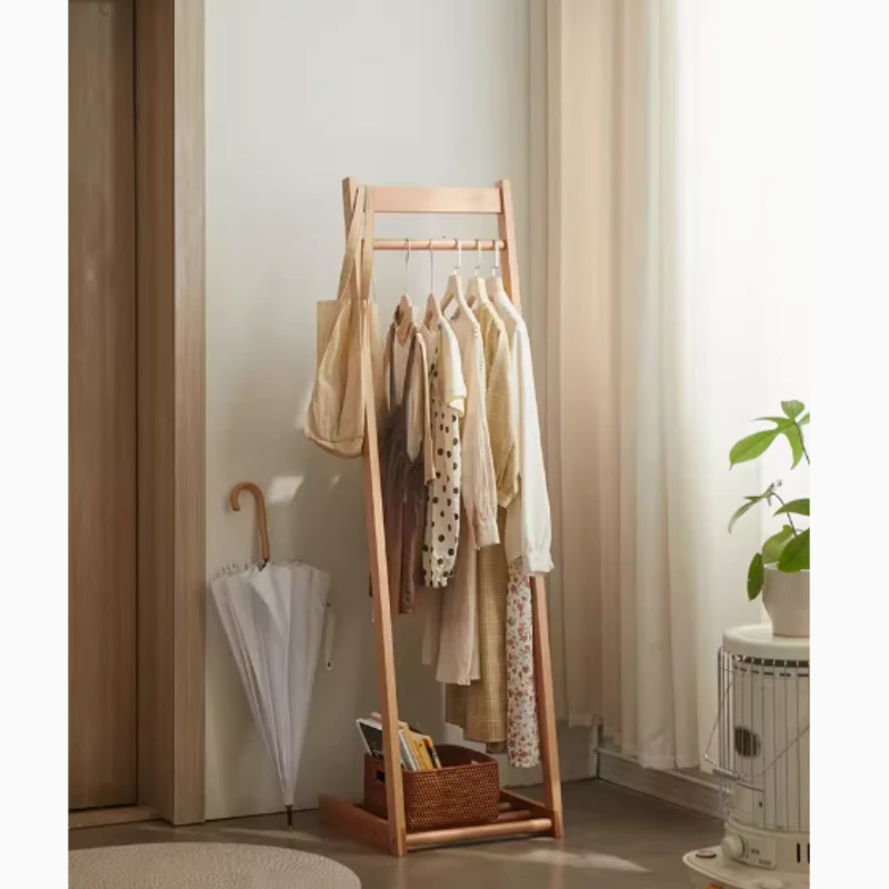 原木色家用客厅玄关挂衣架卧室落地简约全实木衣帽架极简风格衣架